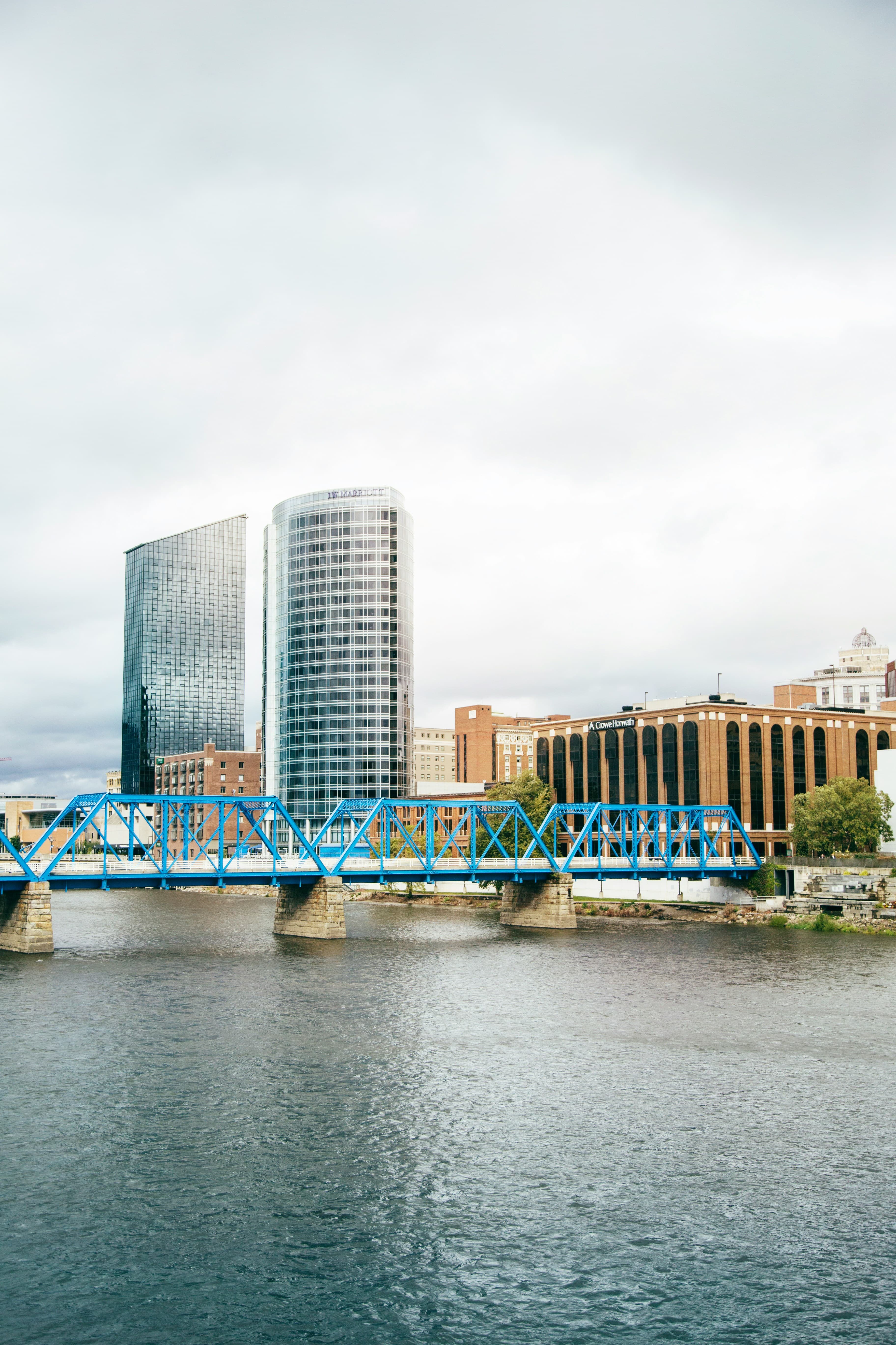 Grand Rapids skyline and blue bridge over the river